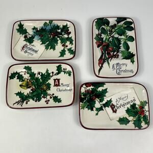 Williams Sonoma 2012 Vintage Christmas Postcard Plates x4 Holiday Holly 7x5 Tray